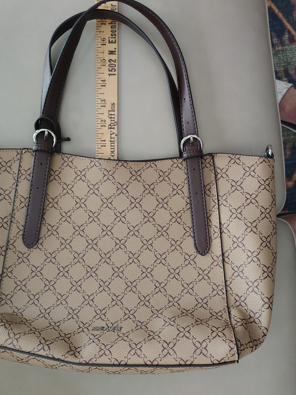 Nine West Beige Printed Tote with Brown Trim